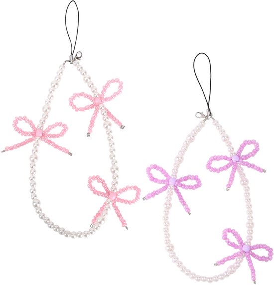 2 stuks kralen telefoonhangers met strikjes, universele esthetische delicate schattige parel strik kralen telefoon polsband voor tas camera oordopjes hoesjes decoratie (roze en paars)