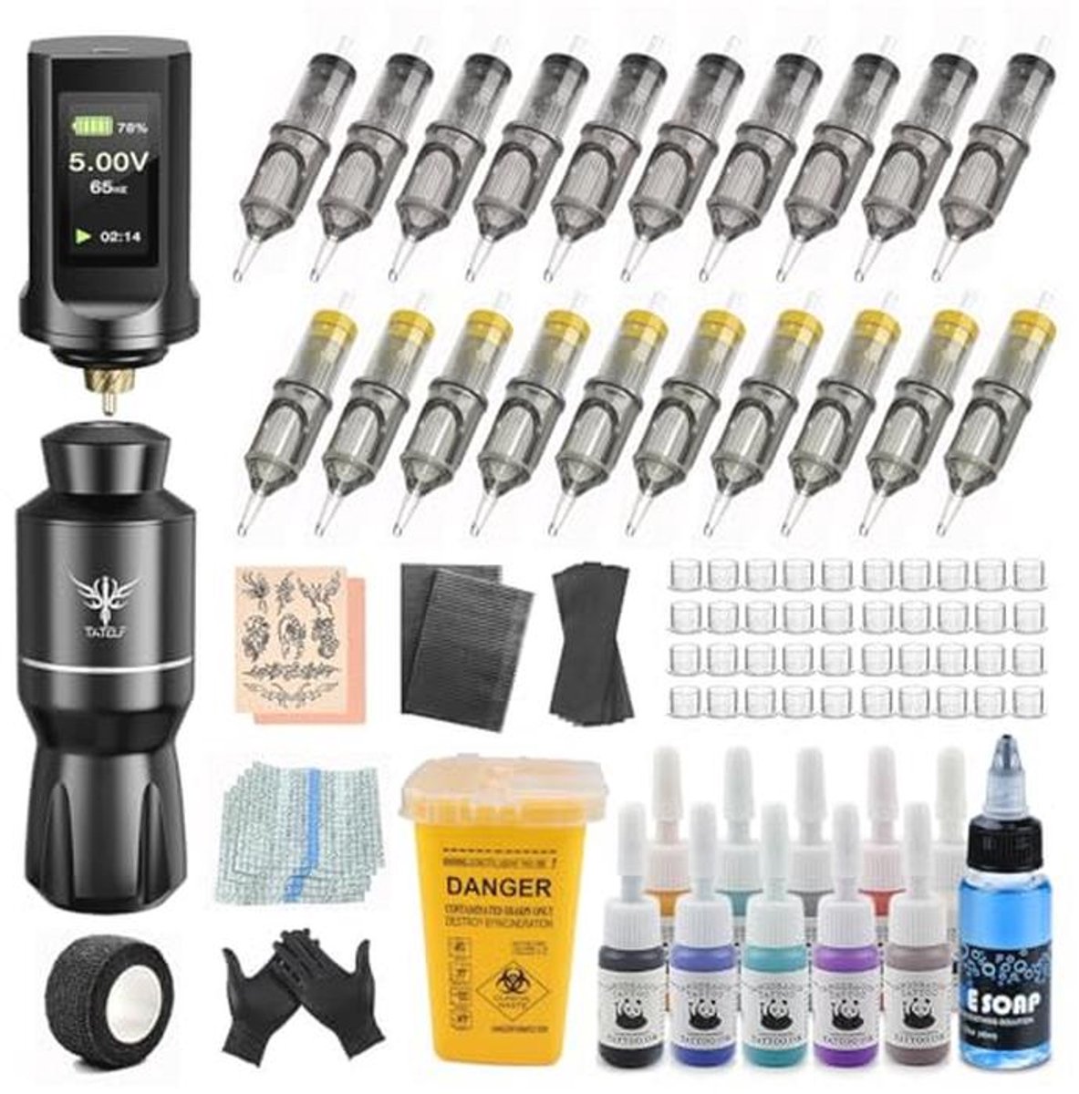 Professionele Draadloze Tattoo Set met Rotary Machine, 1900mAh Batterij en 20 Cartridge Naalden voor Beginners en Ervaren Artiesten