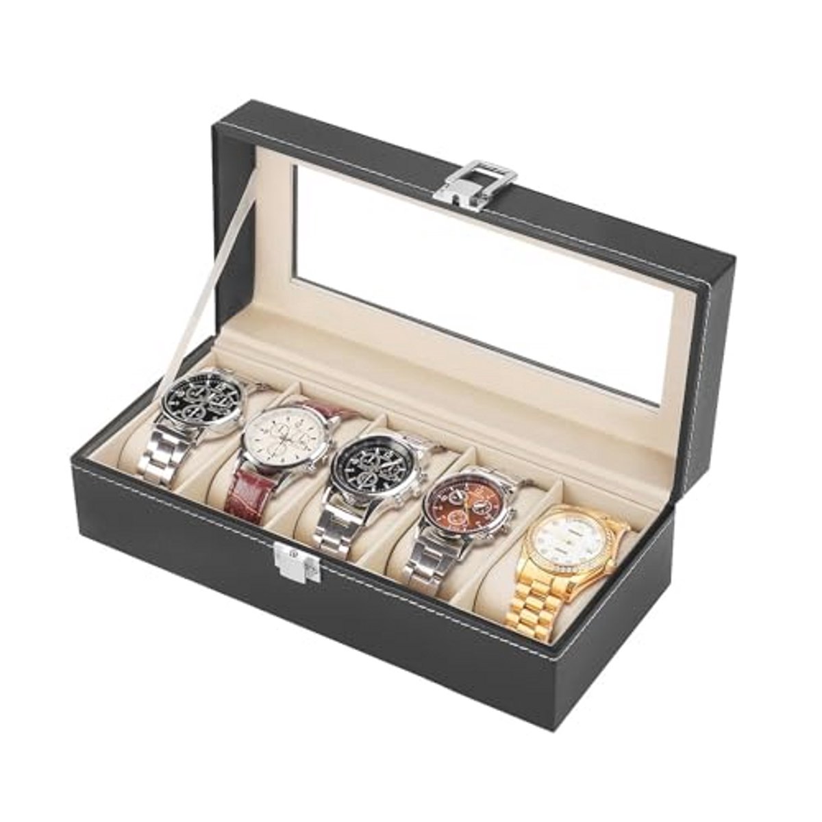 Horloge Box Organizer voor mannen en vrouwen - 5 slots opbergdoos met glazen display en verwijderbare kussens