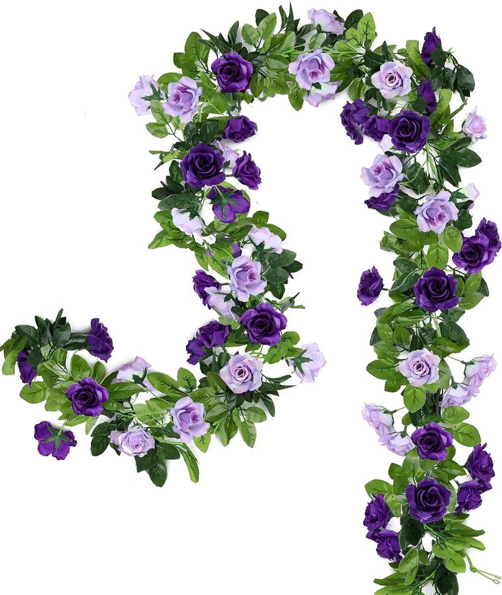 Cosensi Kunstmatige Bloemenslingers 15,8 ft - Nep Roos Wijnstokken - Zijden Bloemen - Roos Klimop - Bruiloft Decor - Feest Huis Tuin - Muur Decoratie - Paars Any