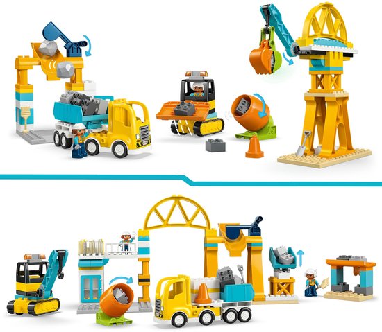 Combinatie van bouwspeelgoed: kraan, vrachtwagen, betonmixer en graafmachine.