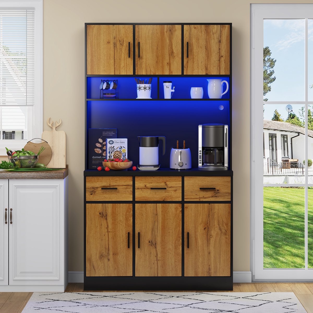 DENMOSTY Buffetkast Multifunctioneel - Keukenkast met App-LED-Verlichting, Stopcontacten, Laden & Verstelbare Planken - Voor Keuken & Eetkamer - 100 × 40 × 180 cm - Zwart