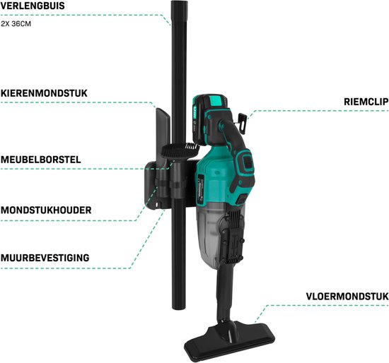 Turquoise en zwarte steelstofzuiger met muurbevestiging, riemclip, verlengbuizen en mondstukken.