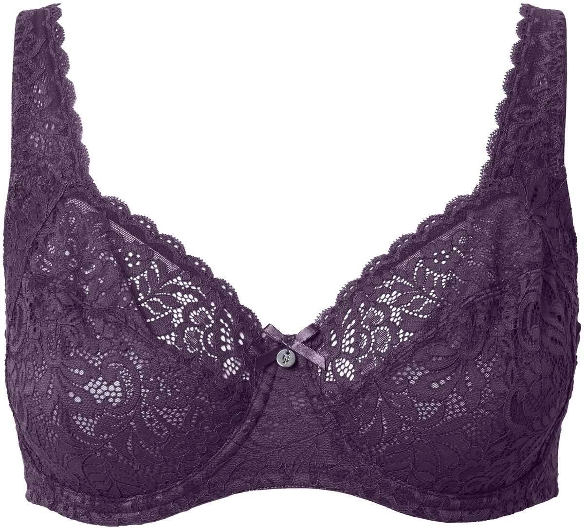 Ulla Popken Dames - Beugelbeha gebloemd kant zuiver kant - Aubergine