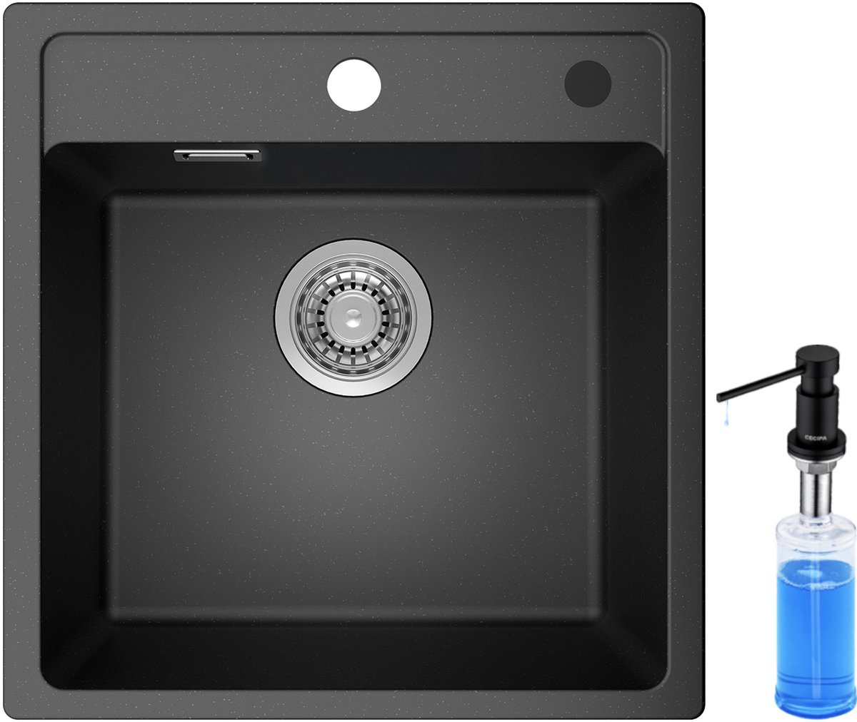 ANYCEE MAX Granieten spoelbakken 45x46 cm - Spoelbak Met Zeepdispenser(300ML) - Spoelbak Keuken Zwart - Wasbak Keuken Met Waterafvoersysteem en Afdruiprek