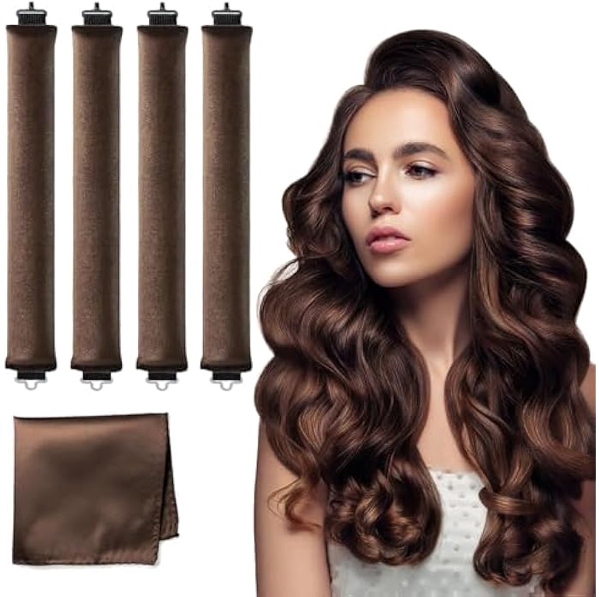Met deze krultang met fluweelachtige textuur creëer je 's nachts krullen zonder hitte. Geschikt voor kort en lang haar en alle haartypes. - Set van 4 + 1 sjaaltje, bruin.