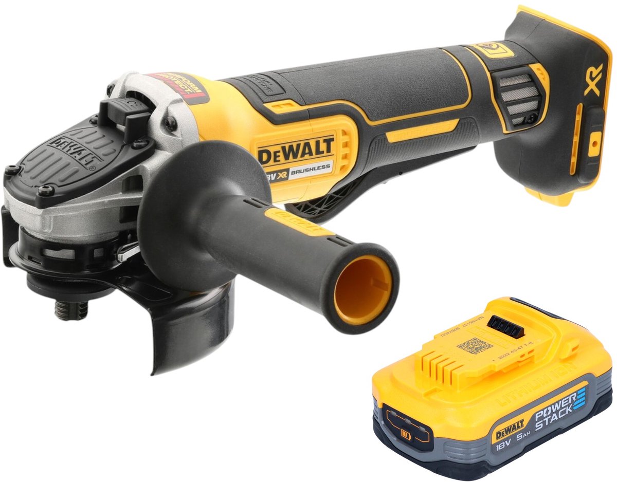 DeWalt DCG 406 N accu haakse slijper 18 V 125 mm borstelloos + 1x Powerstack accu 5,0 Ah - zonder oplader