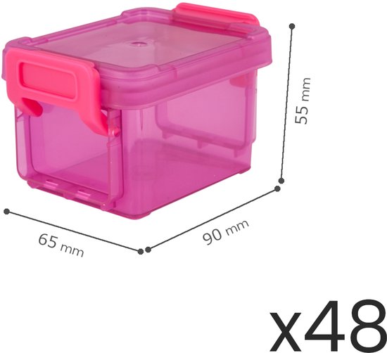 Boîte de rangement rose transparente avec fermoirs roses. Dimensions 90 x 65 x 55 mm.