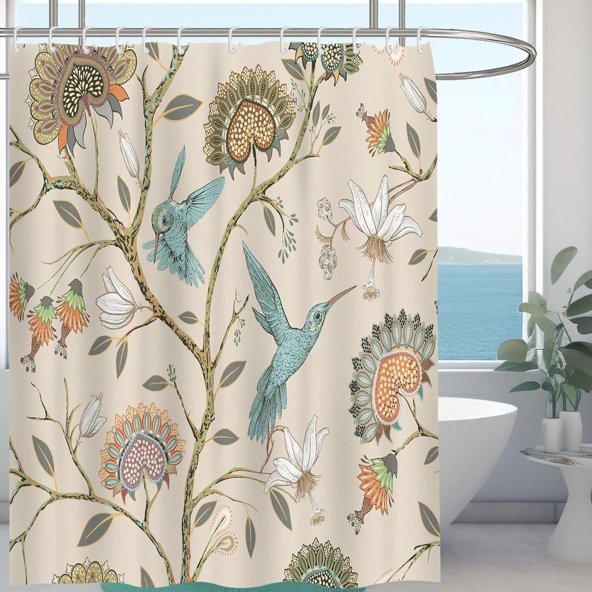 Cosensi - Douche gordijn voor buiten - Waterdicht badgordijn - 180 x 180 cm - Wit bloemenlandschap met vogels.