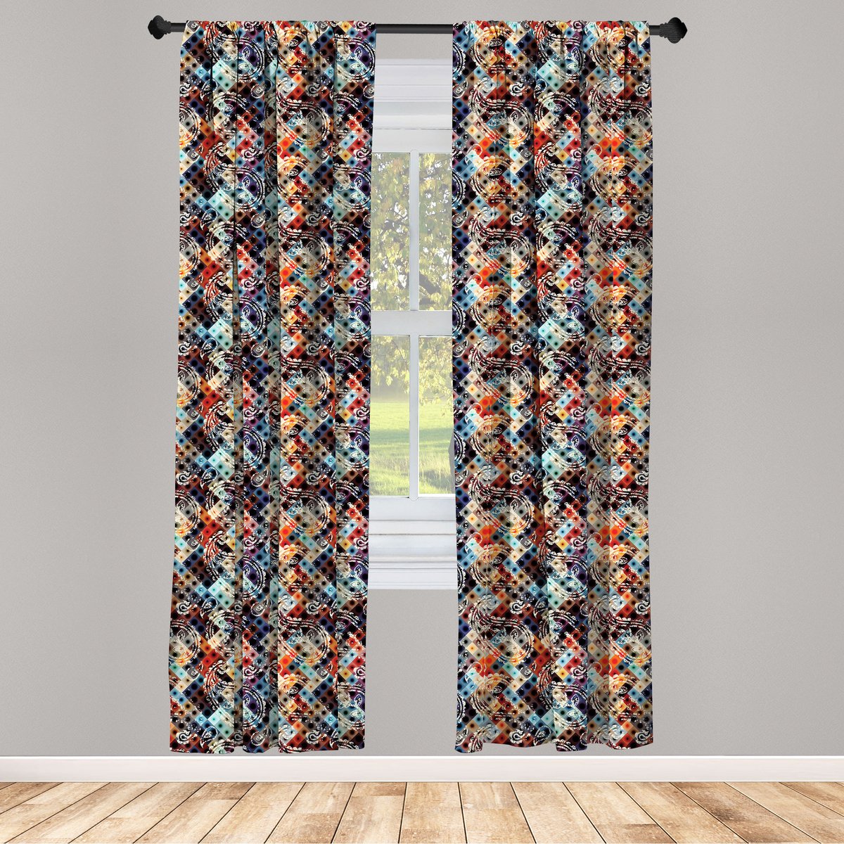 ABAKUHAUS Raamgordijnen – Paisley Spots – 2-panelen 75x175 cm – Veelkleurig, roedezak, halfverduisterend