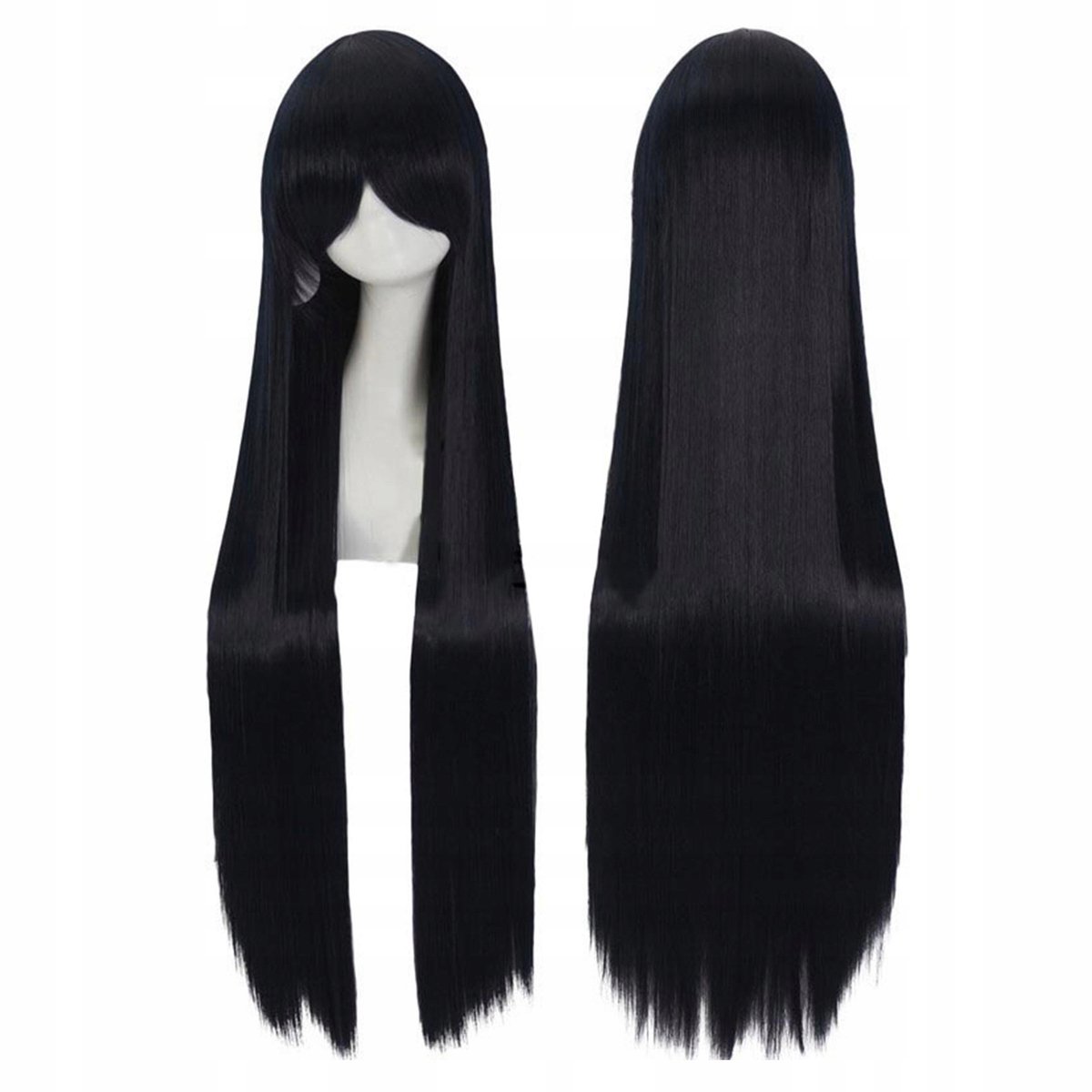 Lange zwarte cosplaypruik met pony, stijlvol haar, 100 cm