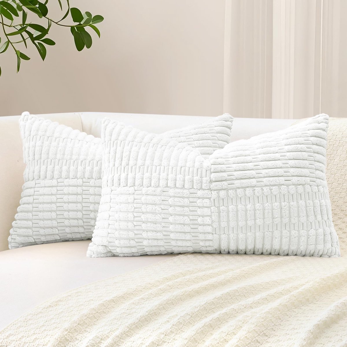 Unyqoos Set van 2 zachte corduroy kussenslopen met boho gestreept patroon wit