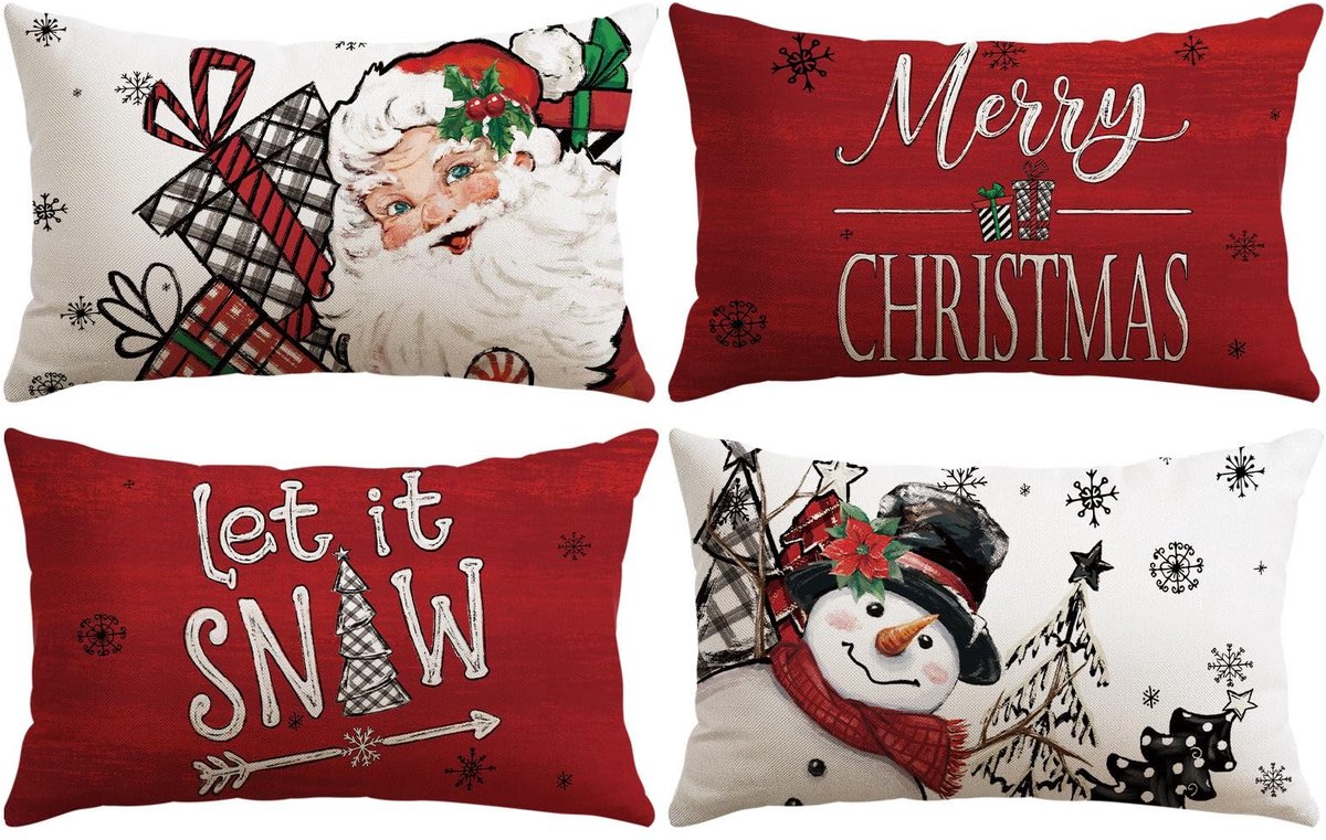 Unyqoos Set van 4 decoratieve kerstkussenhoezen met verborgen ritssluiting 40 x 60 cm Kerstman Sneeuwpop Rood