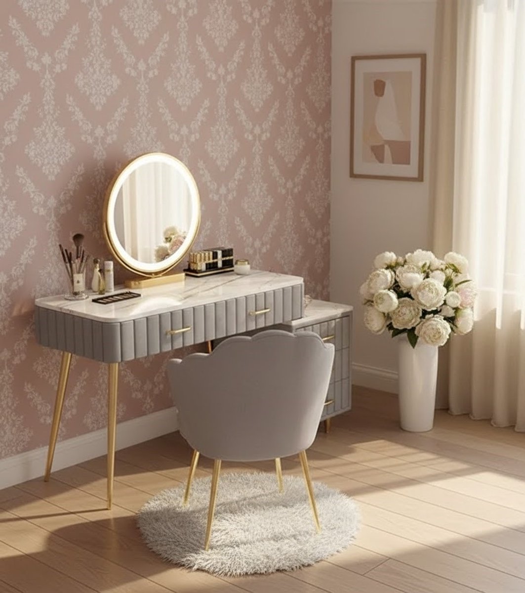 Elegante Make-uptafel met LED Spiegel en 5 Laden, Verstelbare Breedte 80-100cm/100-130cm, Fluweel Kruk en Gouden Poten - Novihome