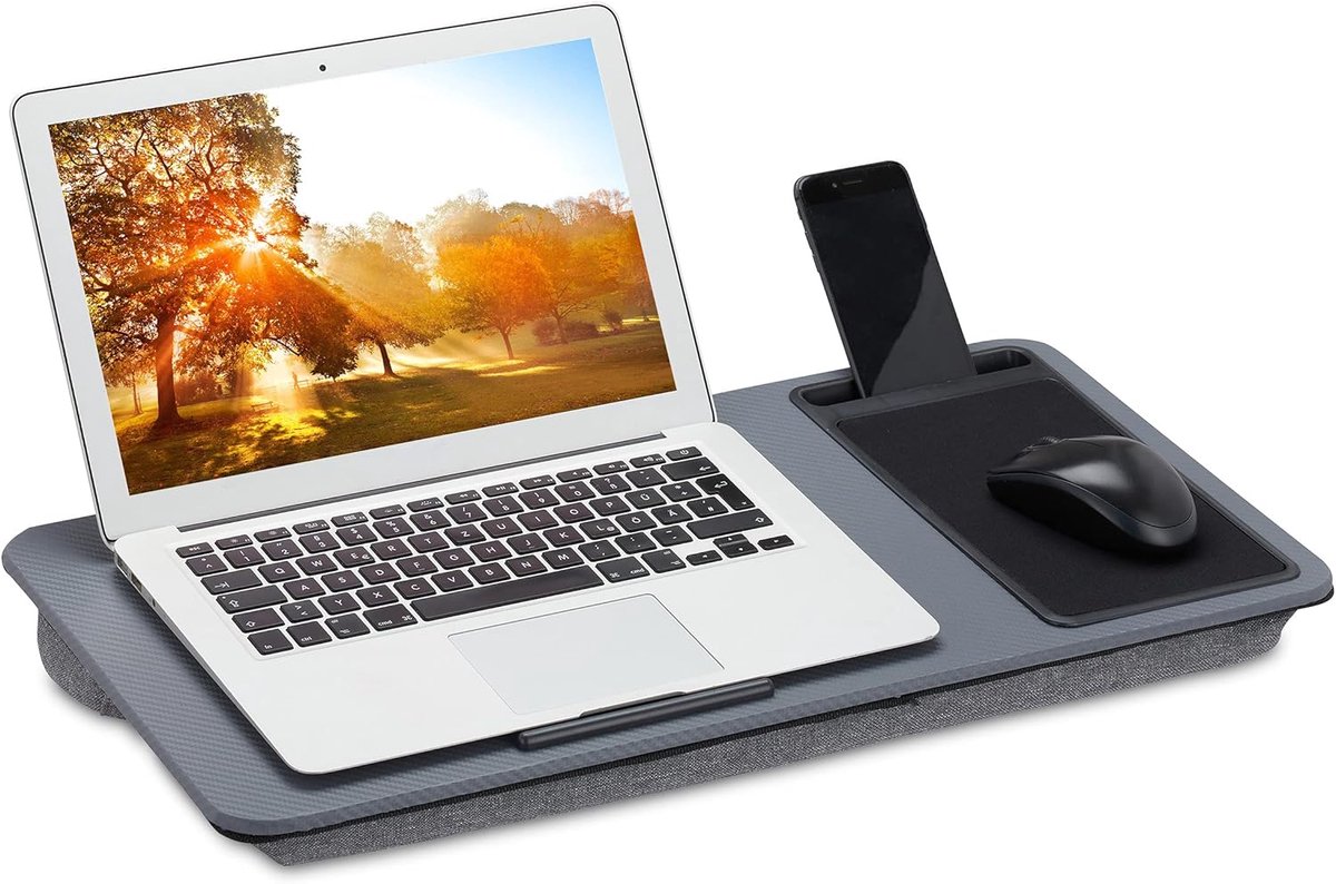 Famanu - Laptopkussen met muismat – antislip – 57,5x30 cm – met handvat – grijs