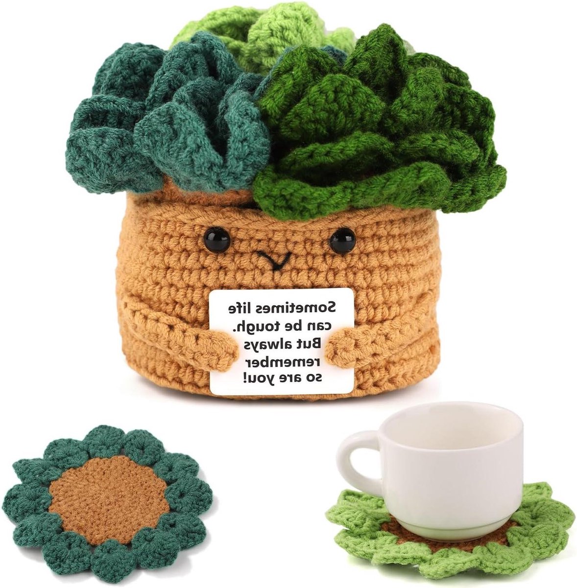 Ronte - Mini gehaakte bloempot met 6 onderzetters voor feestdecoratie - Positieve bloemmotieven - Aanmoedigend cadeau