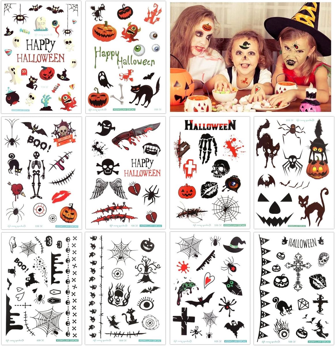 Ronte - Tijdelijke Halloween Kinder Nep-tatoeages, 180 Ontwerpen, Stickers, Feestgeschenkzakjes | Vampier, Pompoen, Vleermuis, Monster, Heks, Schedel