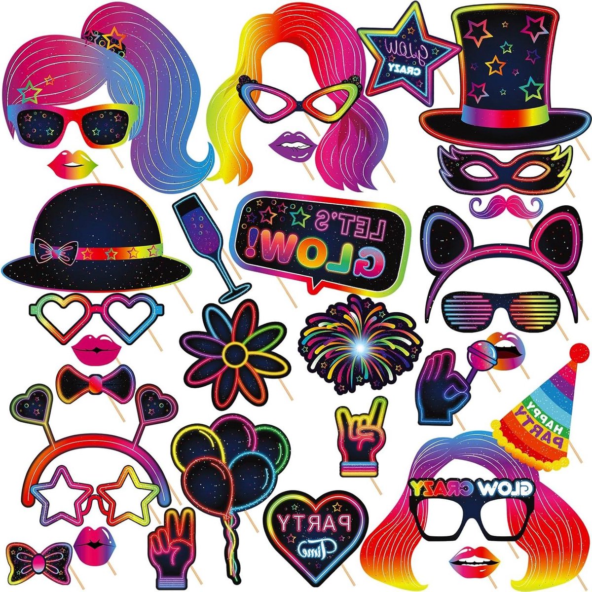 Ronte - Selfie rekwisieten glow party accessoires voor feestfotostand - 36 stuks met neon party decoraties - verjaardag en bruiloft feest rekwisieten