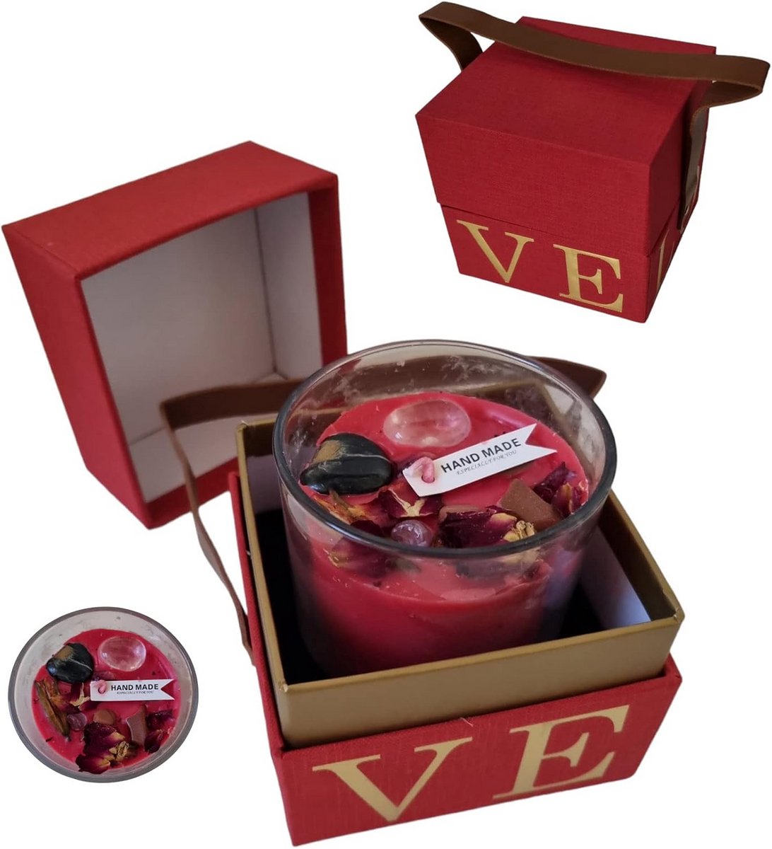 Rode geurkaars in glas met Mixed Berry geur, handgemaakt van sojawas met rozenblaadjes en edelstenen, 40 uur brandtijd, inclusief elegante geschenkdoos