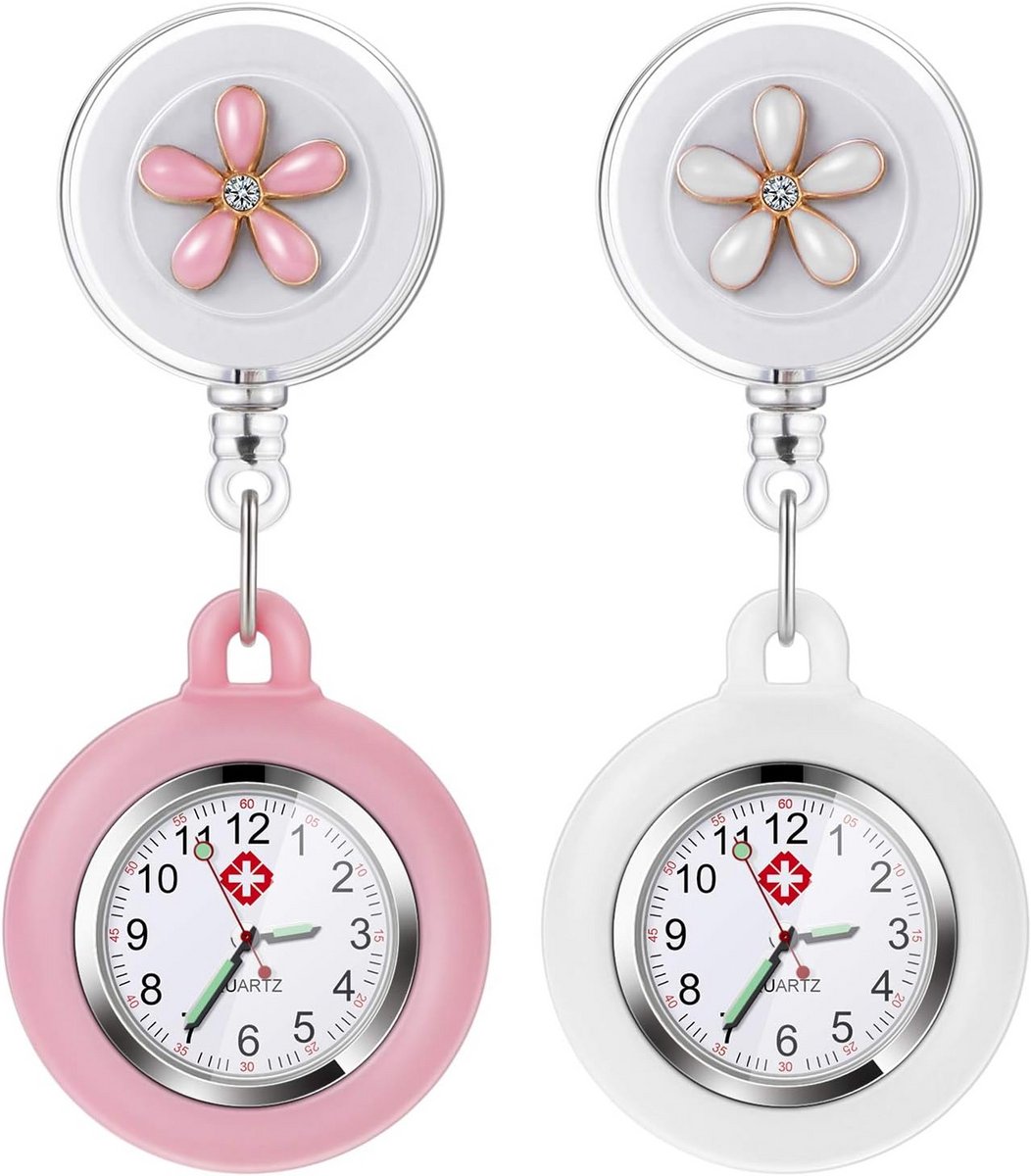 Verpleegsterhorloge met lichtgevende wijzers, waterafstotend, uitrekbare band tot 73 cm - set van 2 (wit + roze)
