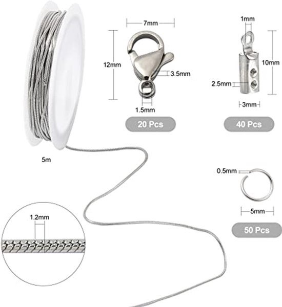 16.4 Feet 304 Stainless Steel Round Snake Chains with 50 Pcs Jump Rings, 20 Pcs Lobster Clasps, 40 Pcs Crimp Ends for Jewelry Making — afbeelding 2