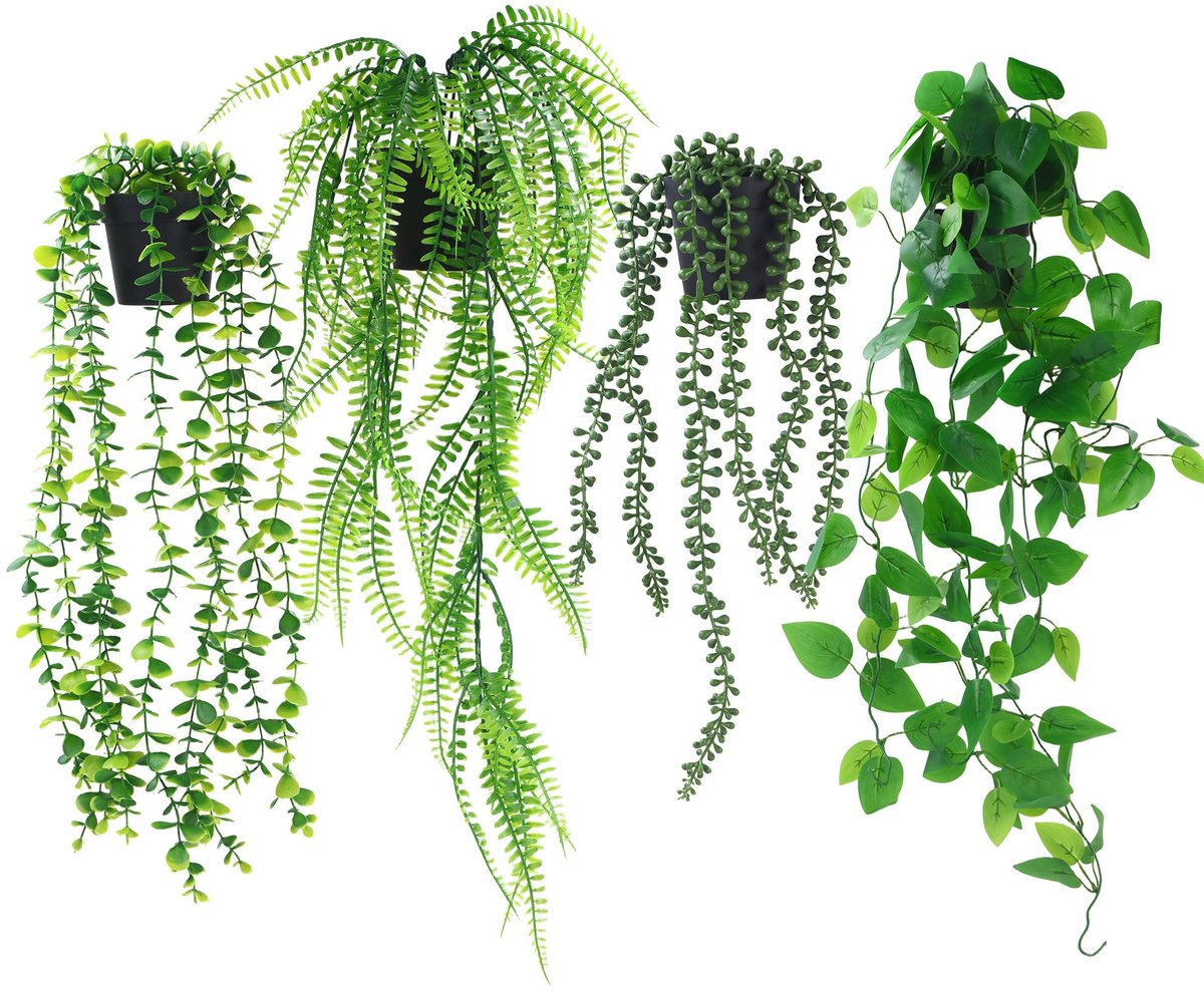 Unyqoos Set van vier levensechte hangplanten met pot voor binnen en buiten groen