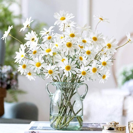 Gigicial Pâquerettes artificielles - Décoration gerbera en soie - Fleurs artificielles respectueuses de l'environnement pour la maison et les mariages - Bouquets de 10 pièces - Salon/salle à manger + blanc