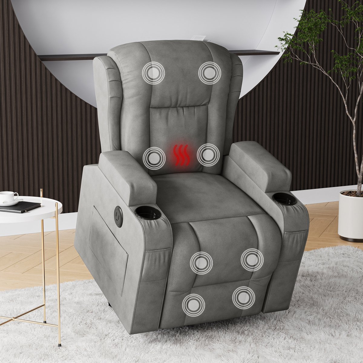 Elektrische Relaxfauteuil - met Massage- en Verwarmingsfunctie, Verticale Positioneringshulp, Voetsteun, USB-poort, Zakken, Massagestoel voor Slaapkamer, Woonkamer en Home Cinema (Grijs)