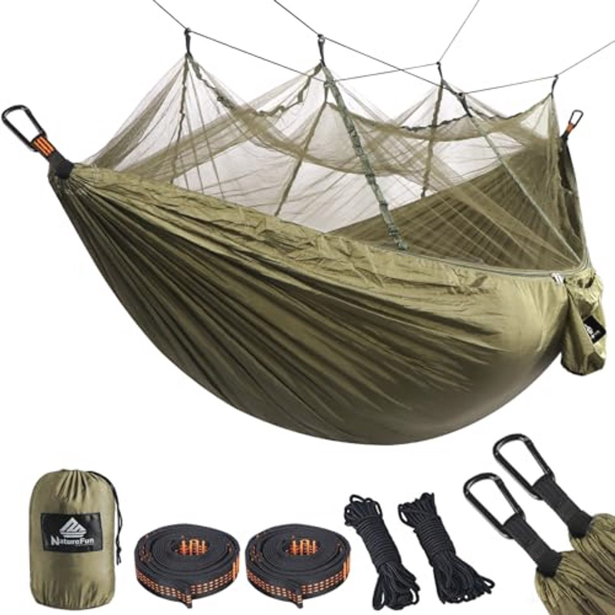 Insectenwerende Reis Hangmat met Muggennet – Ultralicht en Compact – 300 kg Draagvermogen (275 x 140 cm) – Ademend en Sneldrogend Parachute Nylon – Inclusief 2 Premium Karabijnhaken