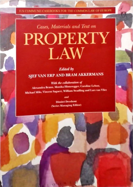 Boekhoes met de titel 'PROPERTY LAW', bewerkt door SJEF VAN ERP en BRAM AKKERMANS. Achtergrond met abstracte, kleurrijke vlekken.