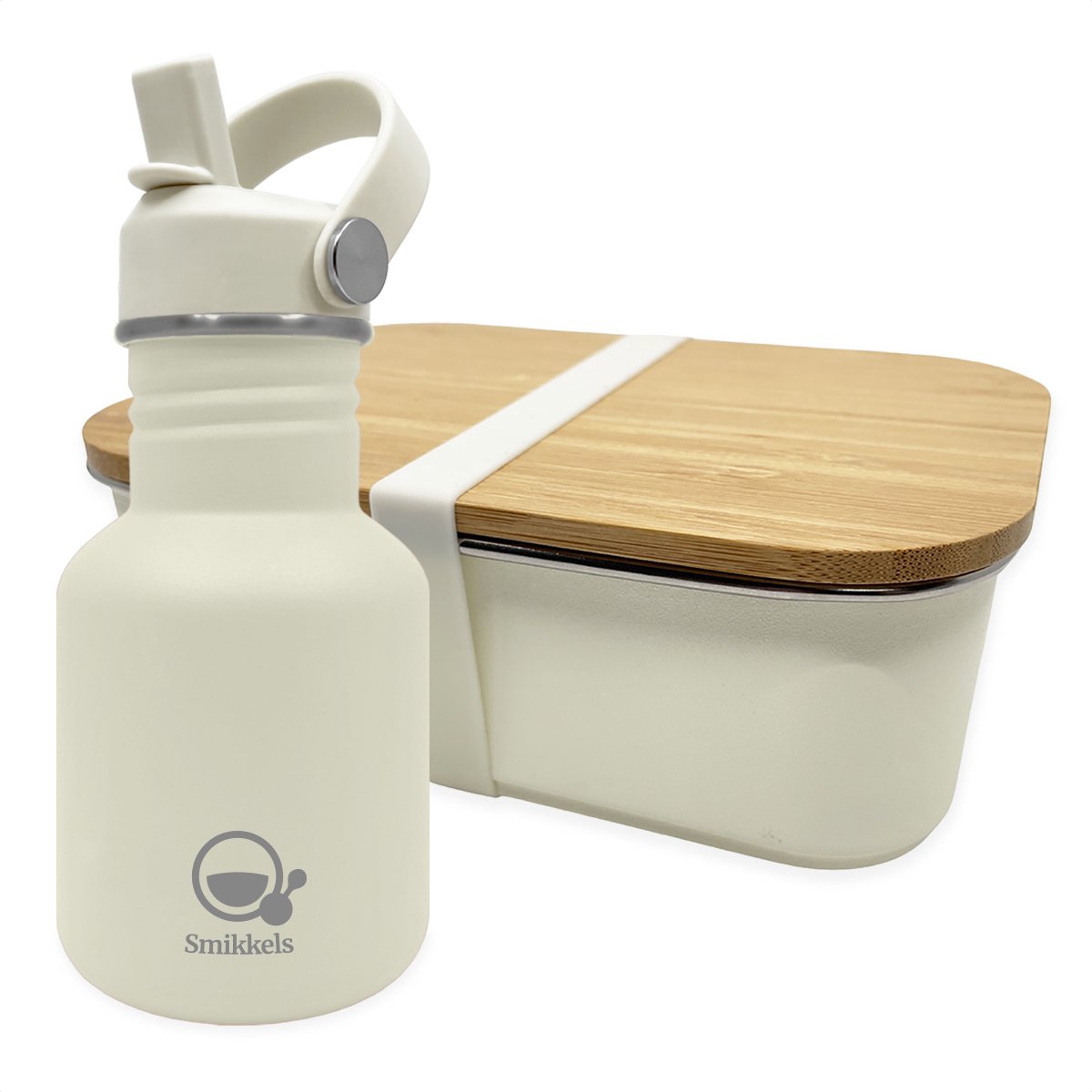 Smikkels - RVS lunchbox met drinkfles kind - Zacht wit - Afsluitdop en rietjesdop - Lunchset Broodtrommel en Schoolbeker - Basisschool