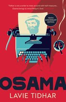 Boekomslag met retro typemachine, handen die typen en 'Osama' in grote letters.