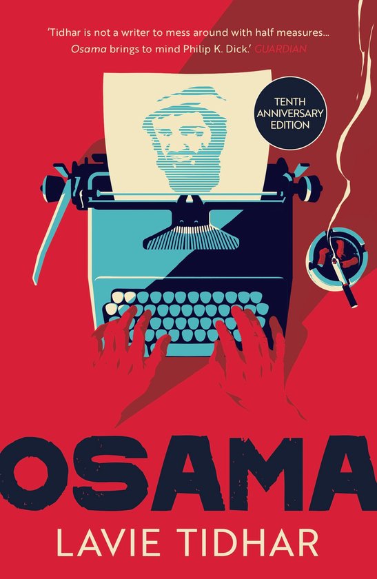 Boekomslag met retro typemachine, handen die typen en 'Osama' in grote letters.