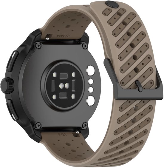 Achterkant van een zwarte smartwatch met bruine siliconen horlogeband, geperforeerd gestreept patroon.