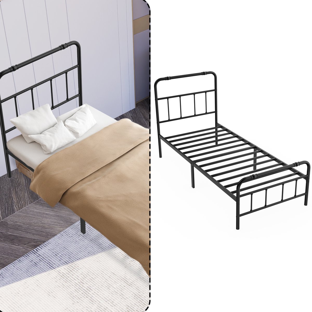 Aufun Metalen Bedframe 90x200 CM Met Hoofdbord - Stalen Bedgestel - Eenpersoonsbed En Tweepersoonsbed - Geschikt Voor Slaapkamer En Logeerkamer - Zwart