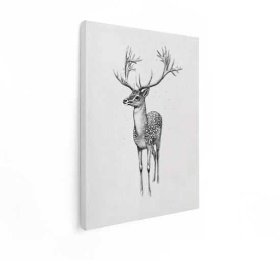 Zijaanzicht van een zwart-wit canvas met een hert, gemonteerd op een houten frame.