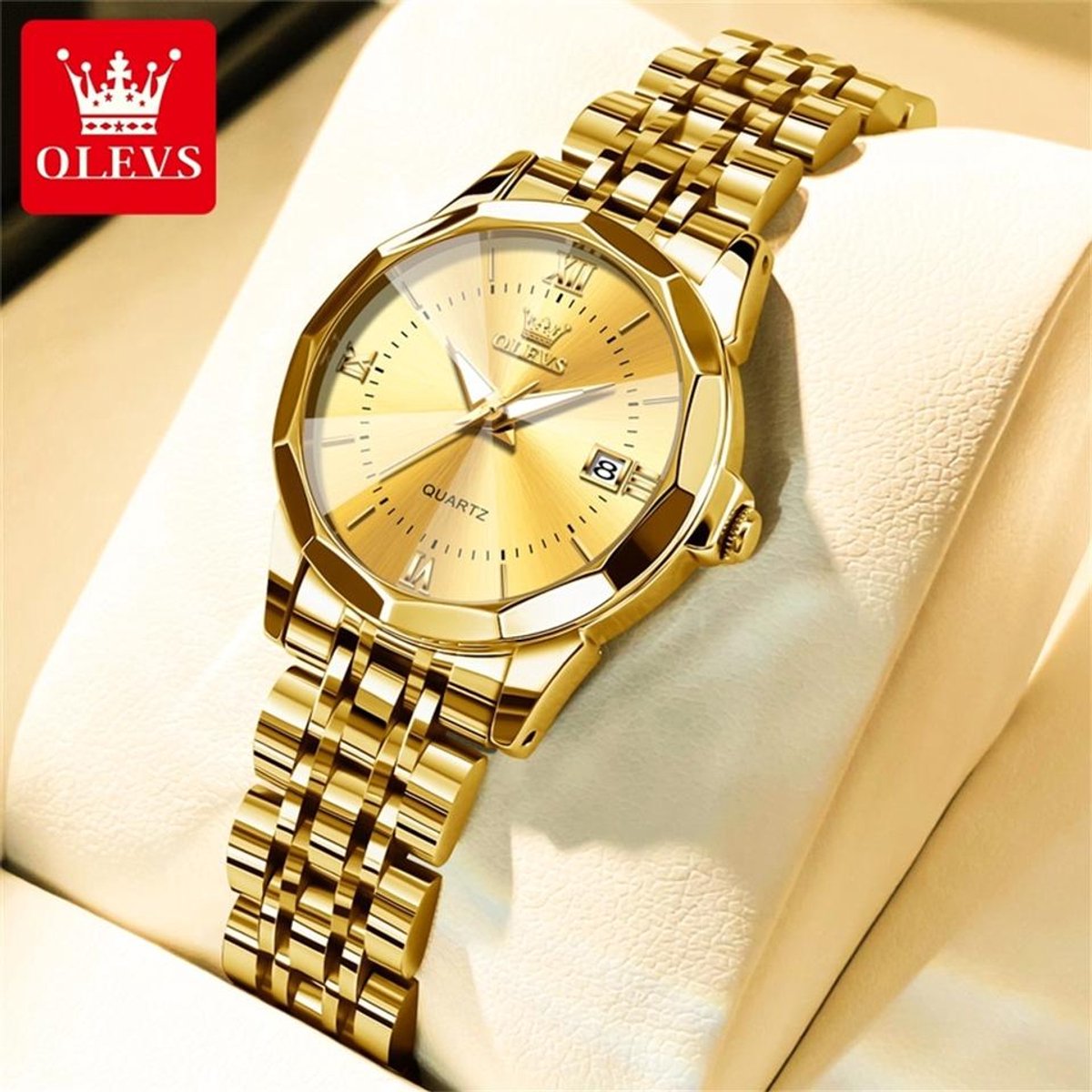 HO-9989L.g : Olevs 12 facet goudkleurig quartz edelstaal dames horloge, kalenderdag