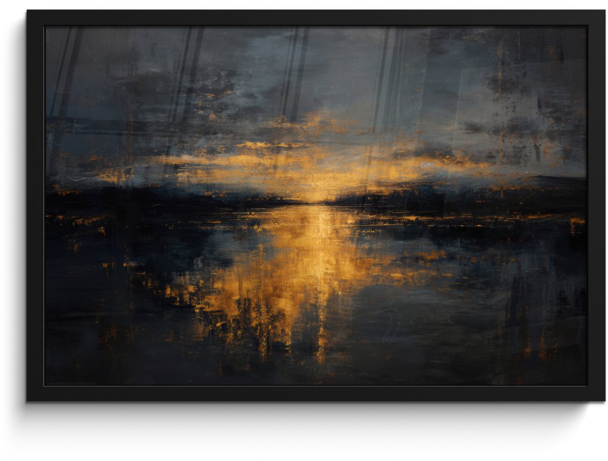 FrameYourWall Poster in lijst - Fotolijst 60x40 cm - Posters - Gouden Reflectie op Water - Posterlijst zwart - Decoratie - Wanddecoratie woonkamer - Muurdecoratie slaapkamer Water - Goud - Reflectie