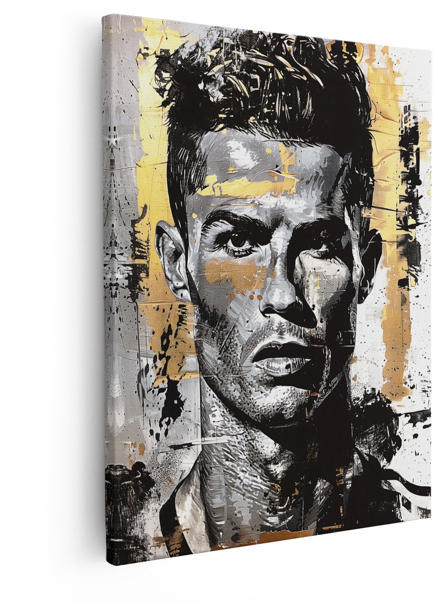 Artaza Canvas Schilderij Cristiano Ronaldo - 80x100 cm - Wanddecoratie Voetbal - Muurdecoratie Portret - Decoratie Zwart Wit Goud