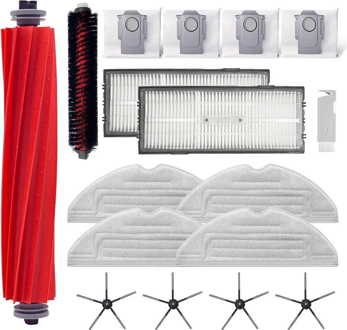 De accessoirekit Geschikt voor de Roborock S7 Pro Ultra/Roborock S7 MaxV Ultra bevat: 1 rolborstel, 1 zelfreinigende borstel, 2 HEPA-filters, 4 zijborstels, 4 dweilpads en 4 stofzakken.