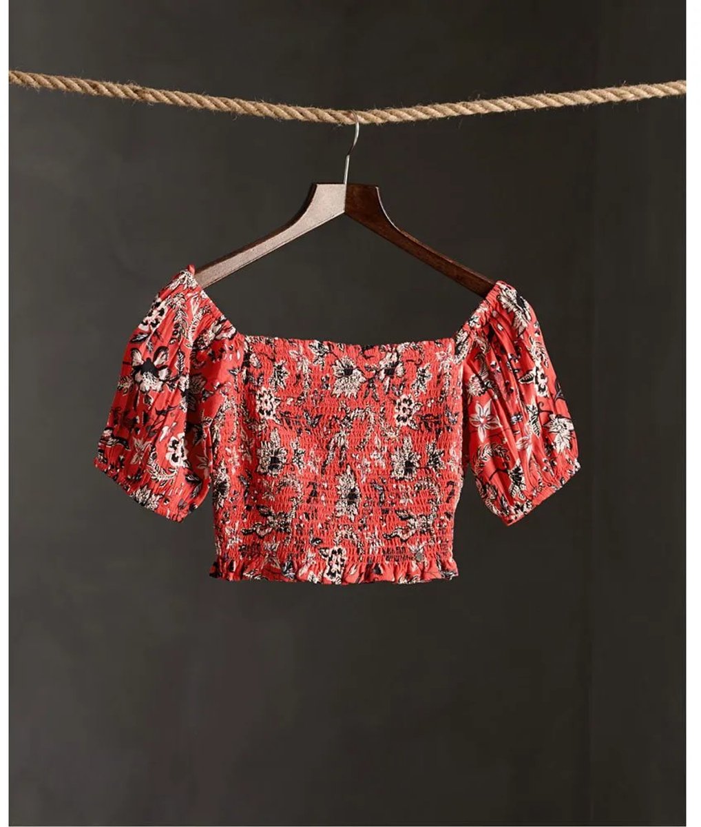 Superdry Kala Smocked Top L Vrouw Rood