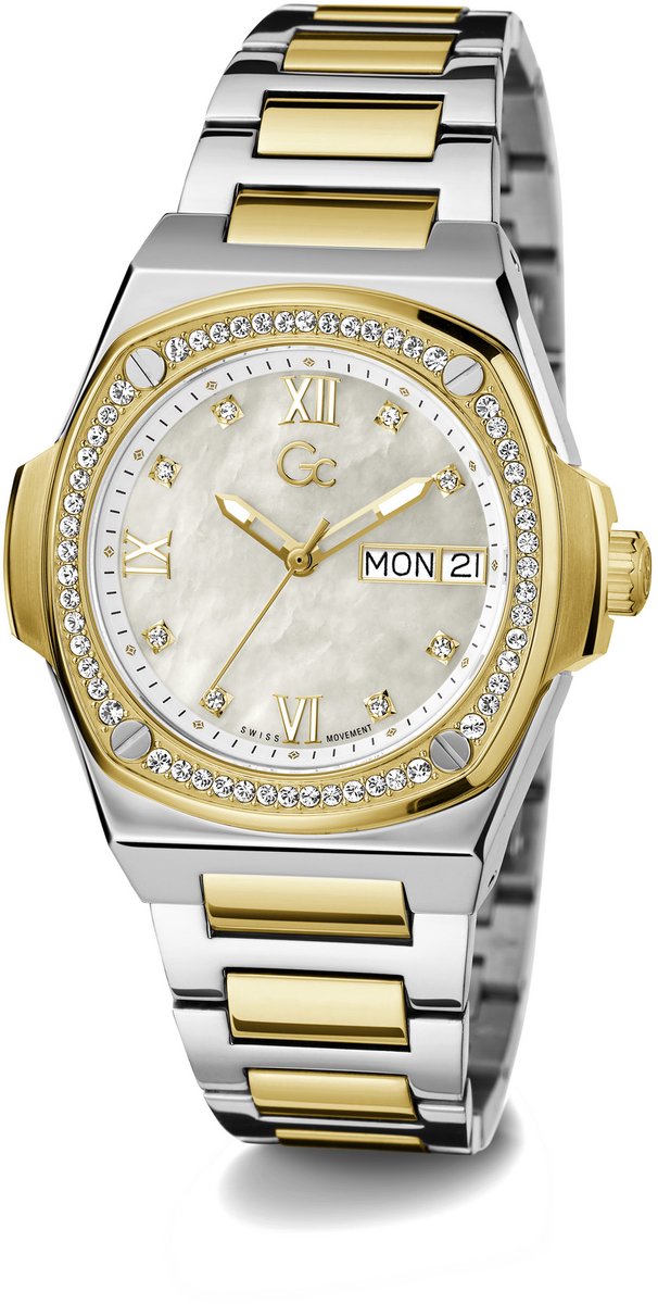 GC Dames Horloge Y98008L1MF Staal Bi-color Swiss Made Quartz gezet met Swarovski Stenen