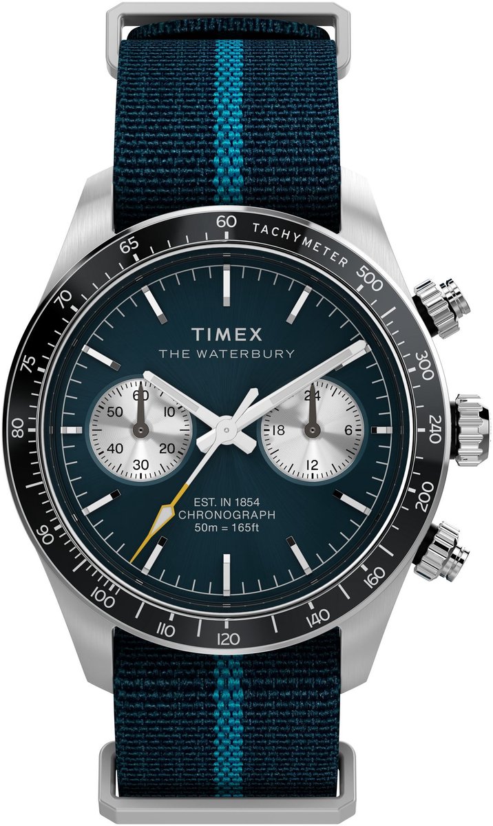 Timex Waterbury Heritage Chronograph Quartz Chronograaf Horloge Blauw Kast: 100% Roestvrij Staal | Armband 100% Textile 39 mm TW2Y38900AJ, TW2Y39000AJ