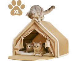 Cats&Co® Katten Krabtent XL - 64x50x49.5CM – Luxe Kattenmand voor Binnen – Geschikt voor Meerdere Katten – Met Krabmat & Kussen – Beige