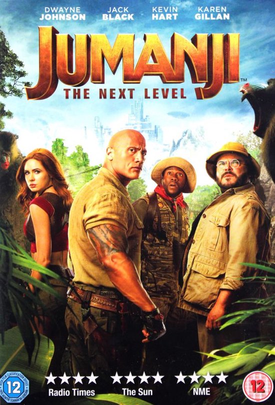 DVD-hoes van Jumanji: The Next Level met Dwayne Johnson, Jack Black, Kevin Hart en Karen Gillan in een jungle-omgeving.