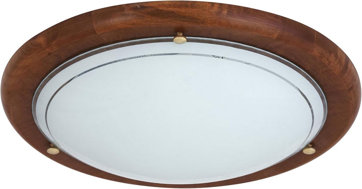Plafond- en wandlamp rond Ø 30cm van gesatineerd glas en echt hout, E27 fitting, donkere afwerking, geschikt voor LED en gloeilampen - voor woonkamer, slaapkamer, keuken en hal