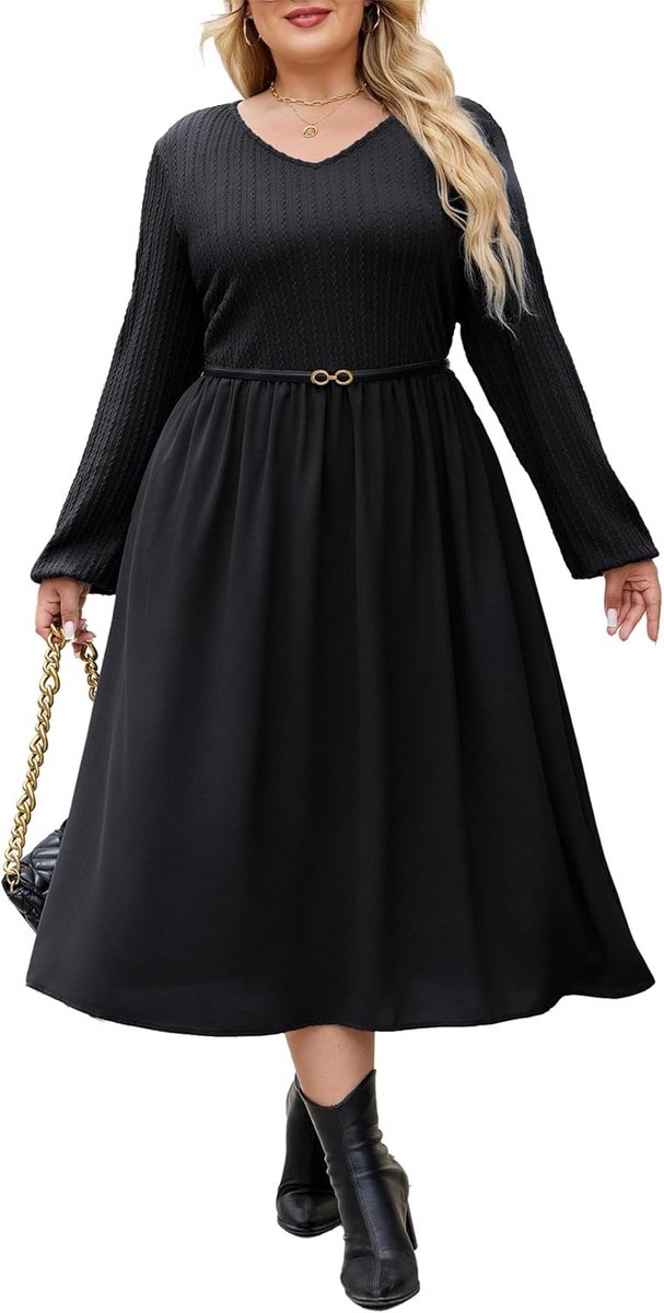 Grote Maten Gebreide Jurk Dames V-Hals Midi Jurk Lange Mouwen Casual Effen