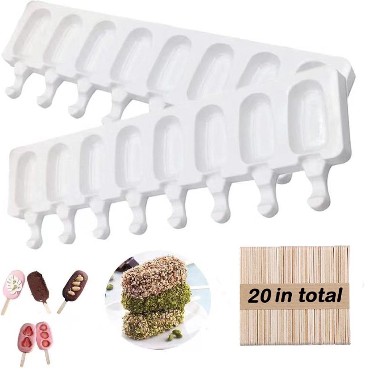 Set van 2 Siliconen IJsvormen voor IJslolly's en Cakesicles met 8 Cavities