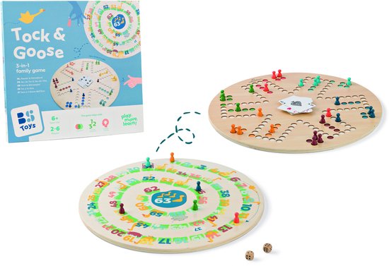 De verpakking van het Tock & Goose 3-in-1 familie spel met een ganzenbord en speelstukken. Rechts een rond ganzenbord met speelstukken in verschillende kleuren en dobbelstenen.