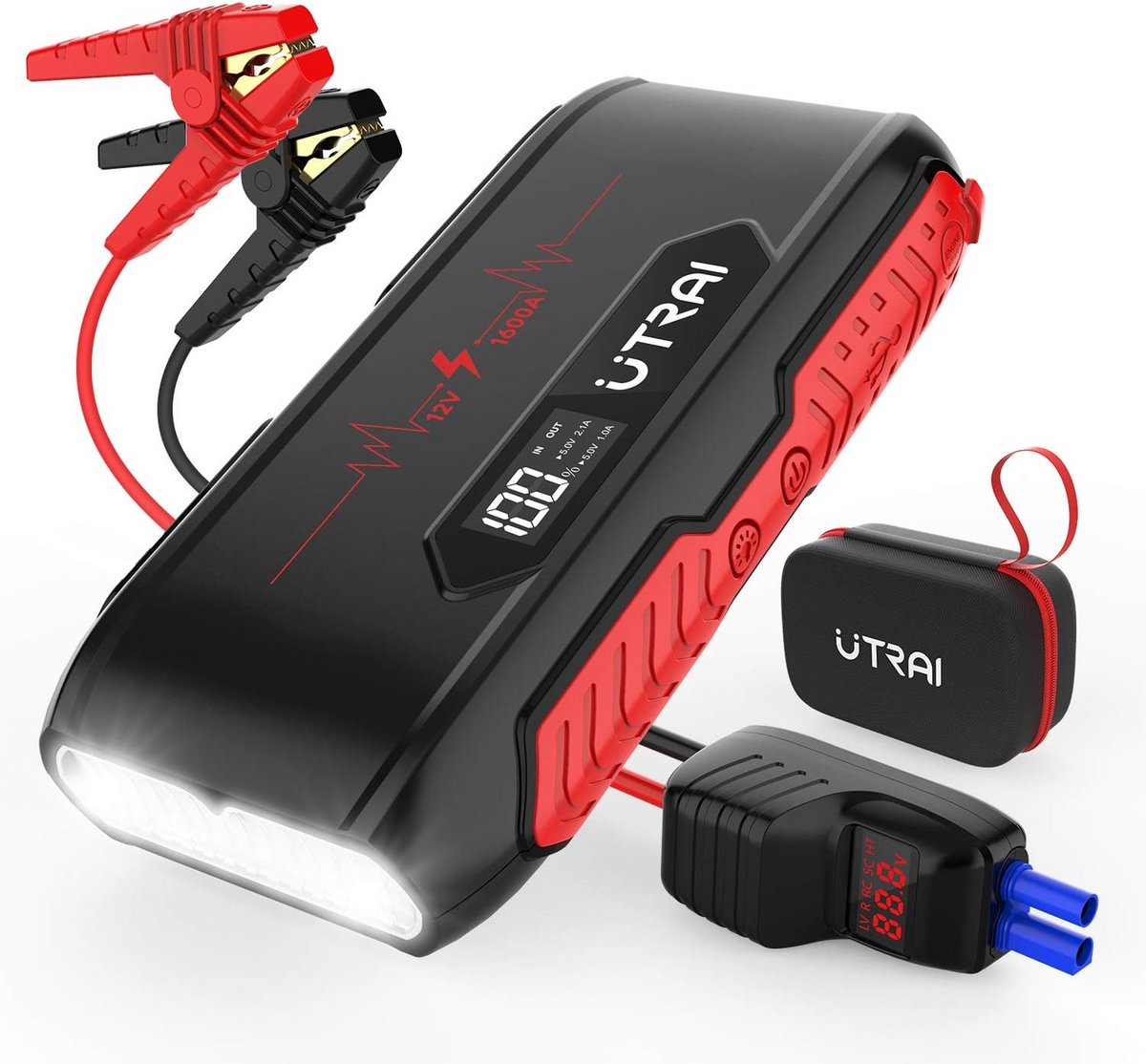 Krachtige Accu Startbooster 1600A met LCD Scherm en LED Verlichting - Voor Auto's, Dieselmotoren
